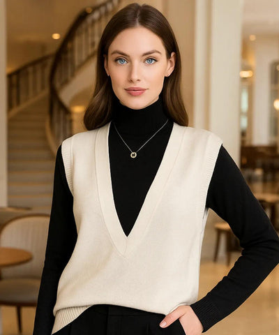 Comprar Colete feminino de tricot off white com gola V, estilo básico, ideal para sobreposições em looks formais e casuais, confortável e elegante em promoção ZARA
