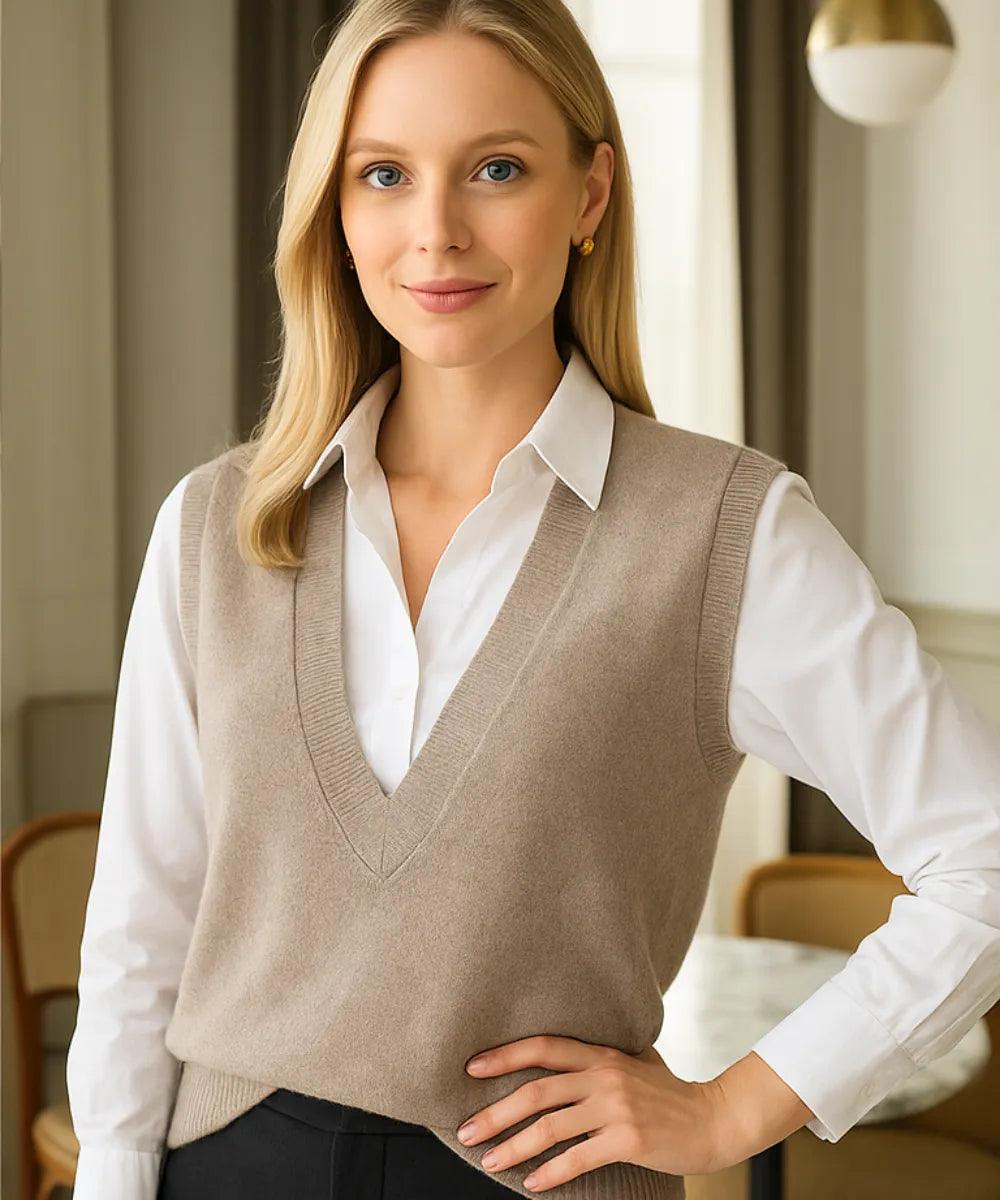 Comprar Colete feminino de tricot caqui com gola V, estilo básico, ideal para sobreposições em looks formais e casuais, confortável e elegante em promoção ZARA
