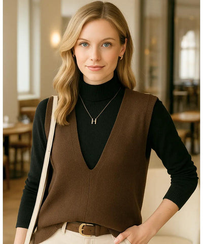 Comprar Colete feminino de tricot marrom com gola V, estilo básico, ideal para sobreposições em looks formais e casuais, confortável e elegante em promoção ZARA
