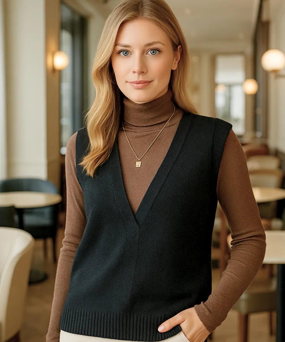 Comprar Colete feminino de tricot preto com gola V, estilo básico, ideal para sobreposições em looks formais e casuais, confortável e elegante em promoção ZARA
