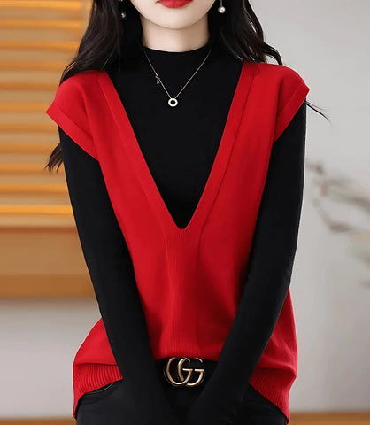 Colete feminino de tricot com gola V, estilo básico, ideal para sobreposições em looks formais e casuais, confortável e elegante.