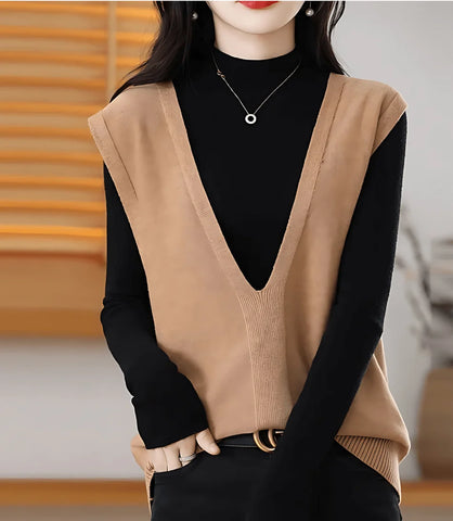 Colete feminino de tricot com gola V, estilo básico, ideal para sobreposições em looks formais e casuais, confortável e elegante.