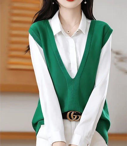 Colete feminino de tricot com gola V, estilo básico, ideal para sobreposições em looks formais e casuais, confortável e elegante.