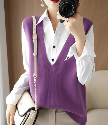Colete feminino de tricot com gola V, estilo básico, ideal para sobreposições em looks formais e casuais, confortável e elegante.