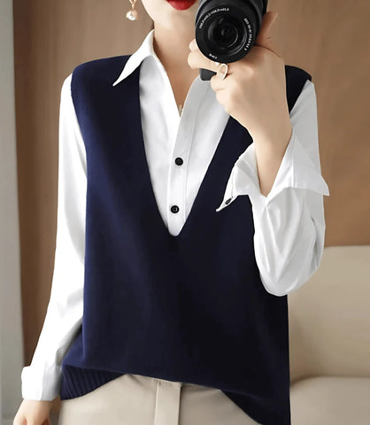 Colete feminino de tricot com gola V, estilo básico, ideal para sobreposições em looks formais e casuais, confortável e elegante.