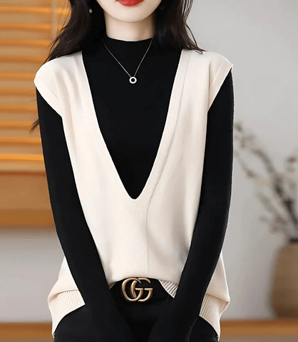 Colete feminino de tricot com gola V, estilo básico, ideal para sobreposições em looks formais e casuais, confortável e elegante.