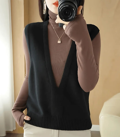 Colete feminino de tricot com gola V, estilo básico, ideal para sobreposições em looks formais e casuais, confortável e elegante.