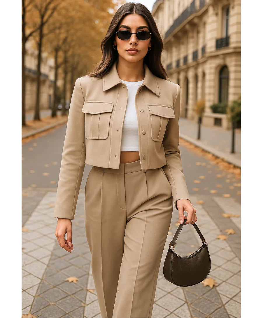 Comprar Conjunto Feminino Alfaiataria com Blazer Cropped de Linho Bege ZARA
