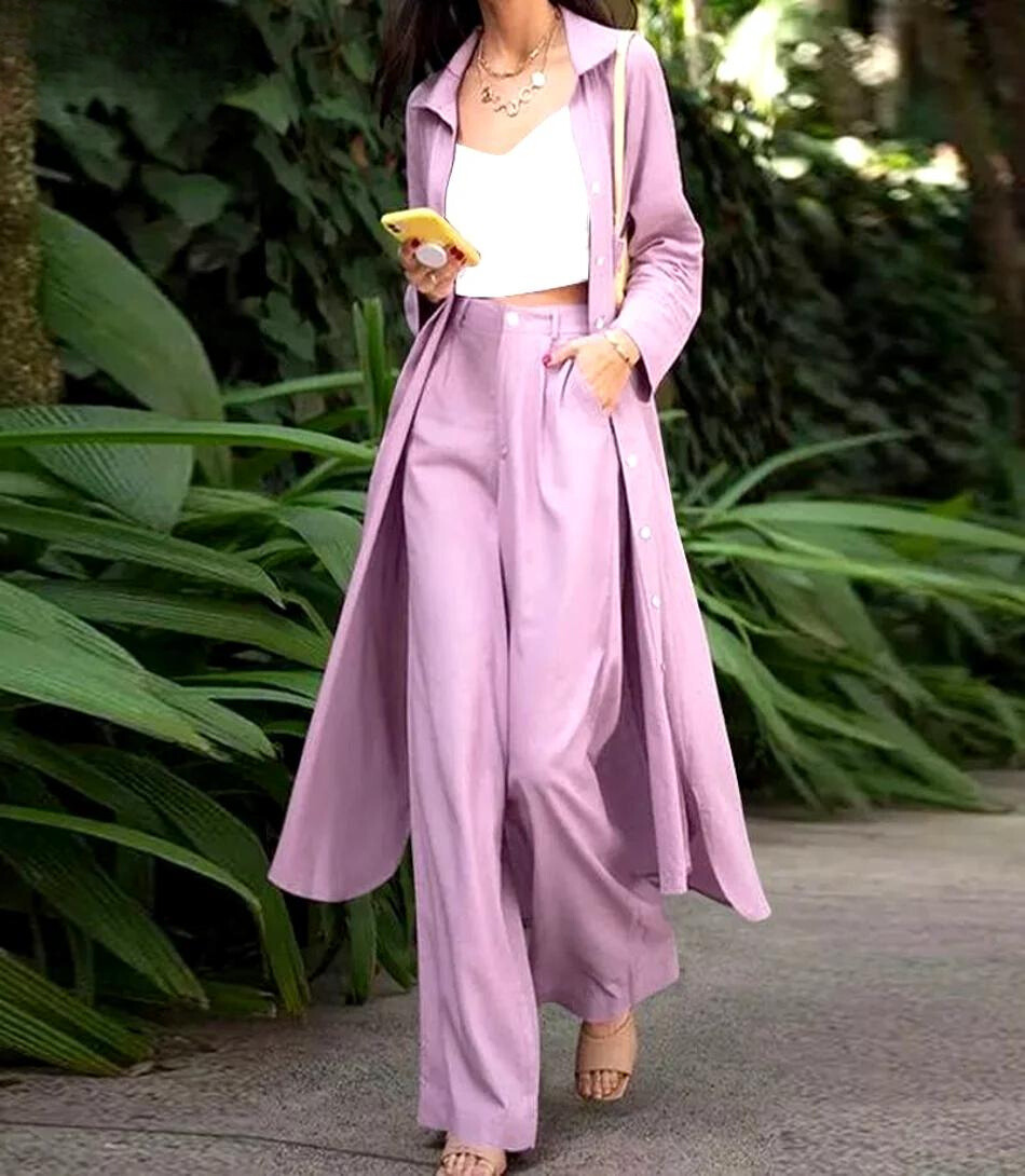 Conjunto Feminino Kimono Longo com Calça Pantalona Elegante em tecido leve, ideal para ocasiões formais ou casuais com estilo.