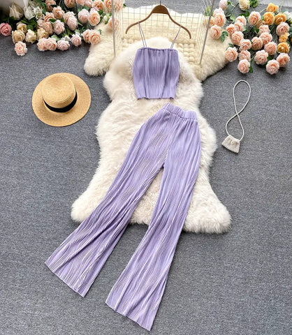 Conjunto Feminino Plissado Cintura Alta com Top Alça Fina | Lala