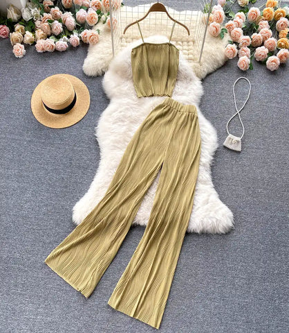 Conjunto Feminino Plissado Cintura Alta com Top Alça Fina | Lala