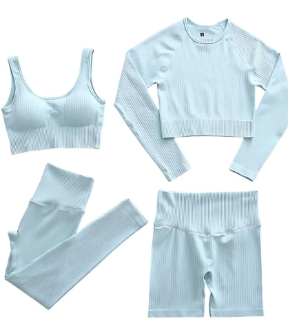 Conjunto Fitness Feminino Canelado Cintura Alta 4PCS | Ceci