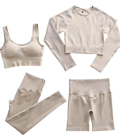 Conjunto Fitness Feminino Canelado Cintura Alta 4PCS | Ceci