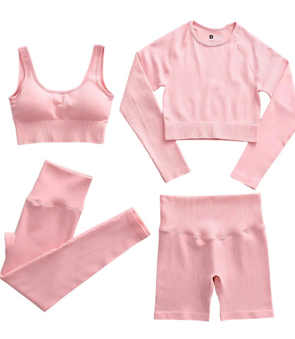 Conjunto Fitness Feminino Canelado Cintura Alta 4PCS | Ceci