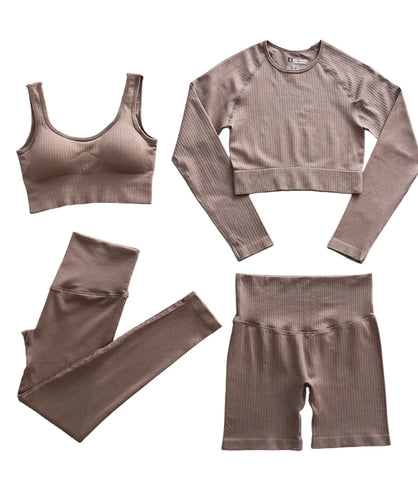 Conjunto Fitness Feminino Canelado Cintura Alta 4PCS | Ceci