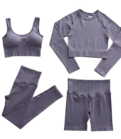 Conjunto Fitness Feminino Canelado Cintura Alta 4PCS | Ceci
