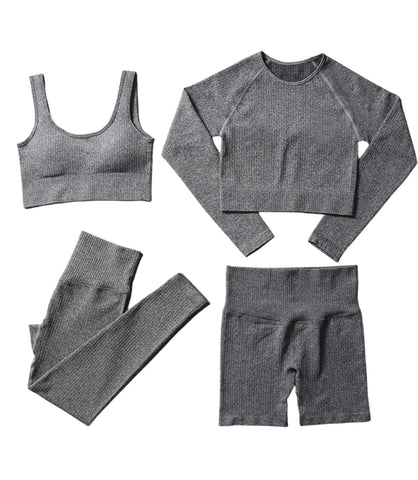Conjunto Fitness Feminino Canelado Cintura Alta 4PCS | Ceci