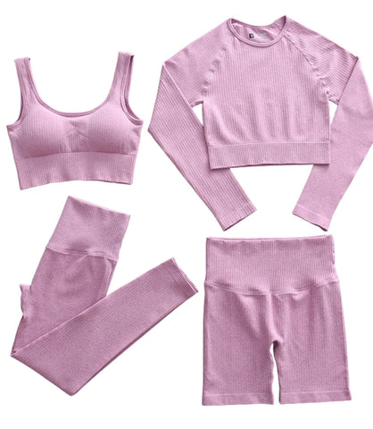 Conjunto Fitness Feminino Canelado Cintura Alta 4PCS | Ceci
