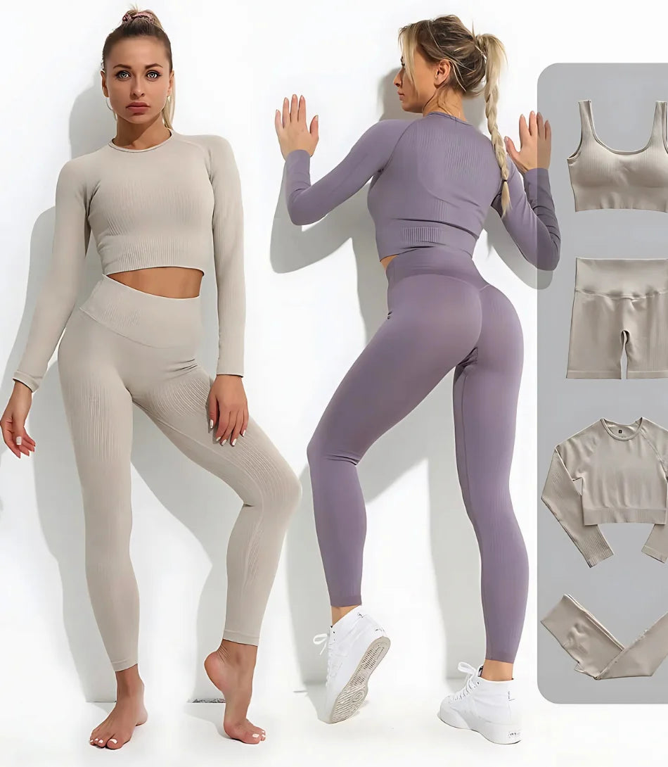  Conjunto fitness feminino canelado cintura alta 4 peças – top, cropped, shorts e calça para treinos e uso casual
