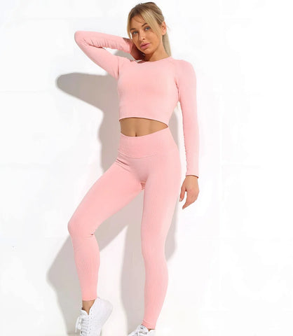  Conjunto fitness feminino canelado cintura alta 4 peças – top, cropped, shorts e calça para treinos e uso casual