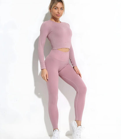 Conjunto Fitness Feminino Canelado Cintura Alta 4PCS | Ceci