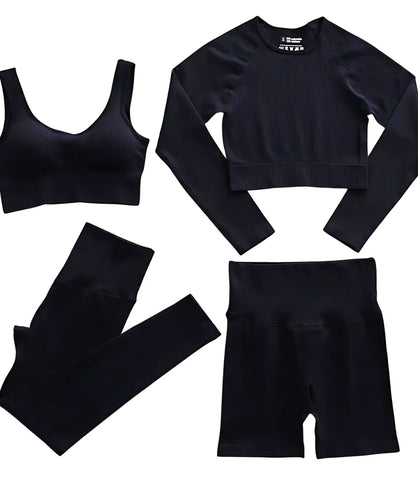 Conjunto Fitness Feminino Canelado Cintura Alta 4PCS | Ceci