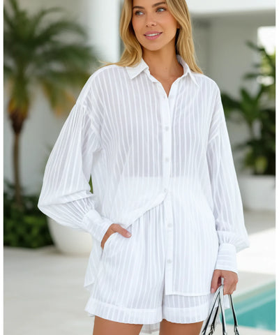 Comprar conjunto feminino camisa oversized e short algodão branco listras branco respirável casual em promoção ANELLIMN