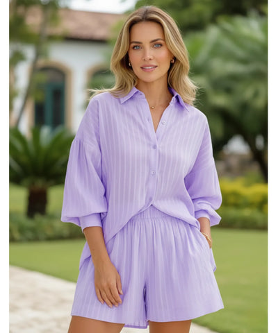 Conjunto Feminino Camisa Oversized e Shorts Algodão Casual | Celi