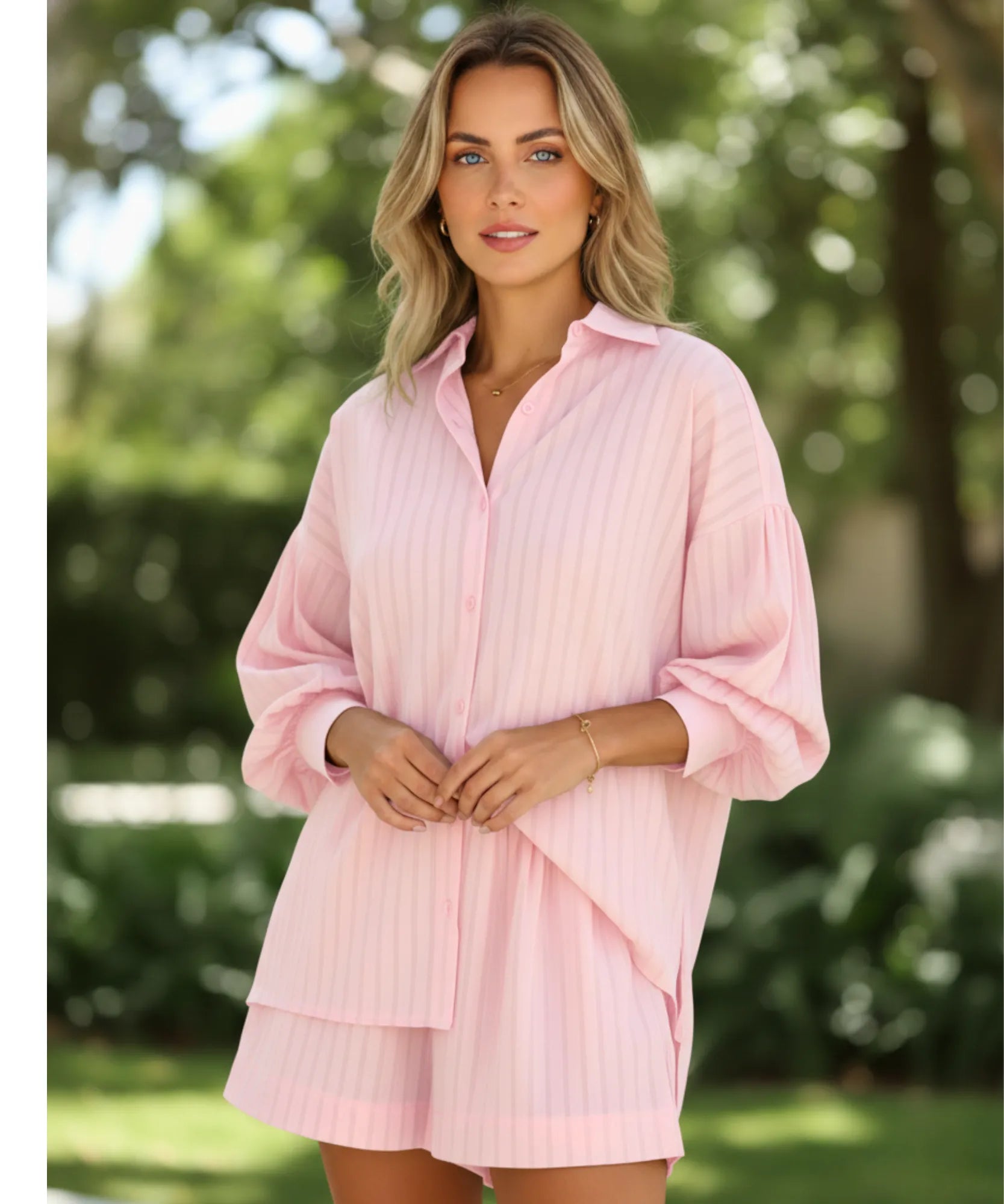 Comprar conjunto feminino camisa oversized e short algodão rosa listras branco respirável casual em promoção ANELLIMN