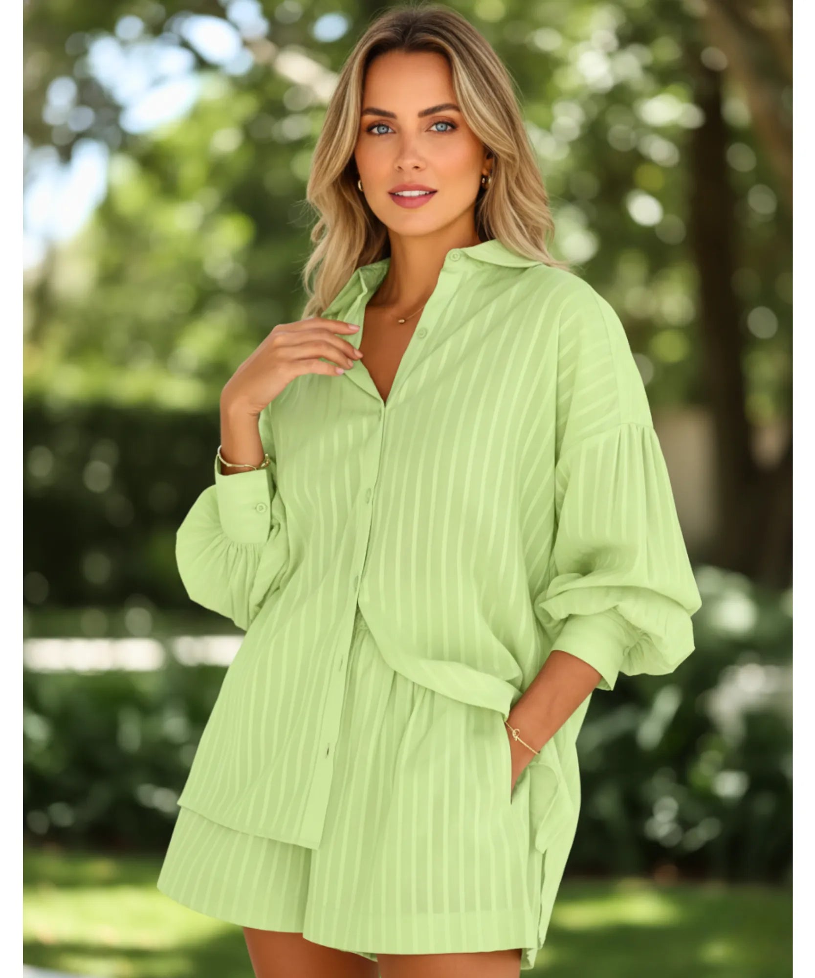 Comprar conjunto feminino camisa oversized e short algodão verde listras branco respirável casual em promoção ANELLIMN