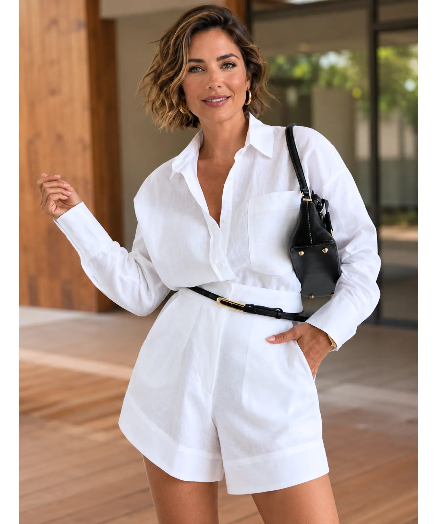 Comprar Conjunto Linho Feminino Short e Camisa de Linho Alfaiataria  promoção Anellimn