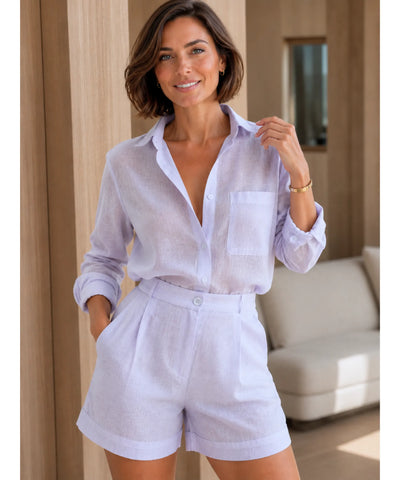 Comprar Conjunto Linho Feminino Short e Camisa de Linho Alfaiataria  promoção Anellimn