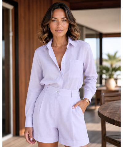 Comprar Conjunto Linho Feminino Short e Camisa de Linho Alfaiataria  promoção Anellimn