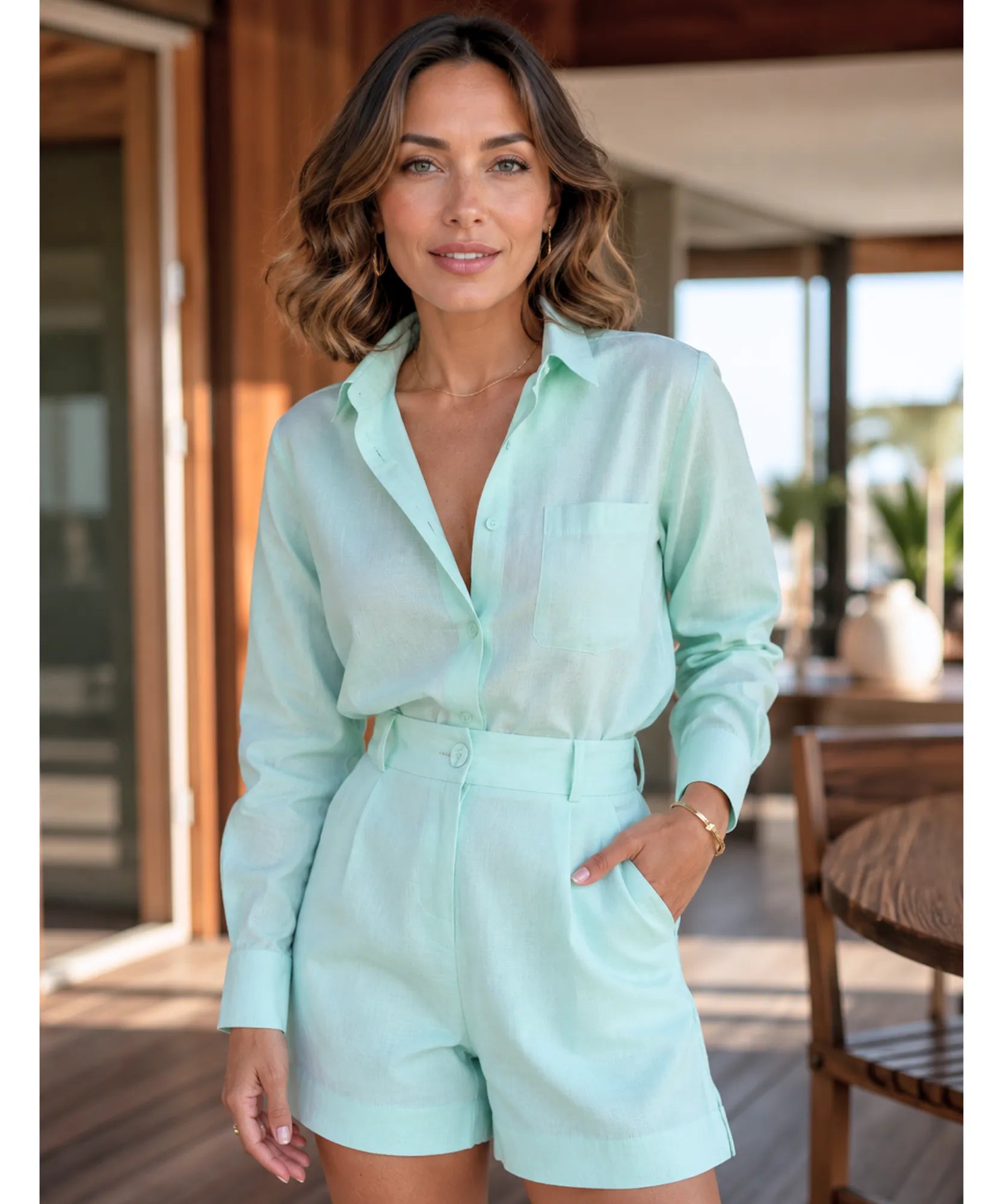 Comprar Conjunto Linho Feminino Short e Camisa de Linho Alfaiataria  promoção Anellimn