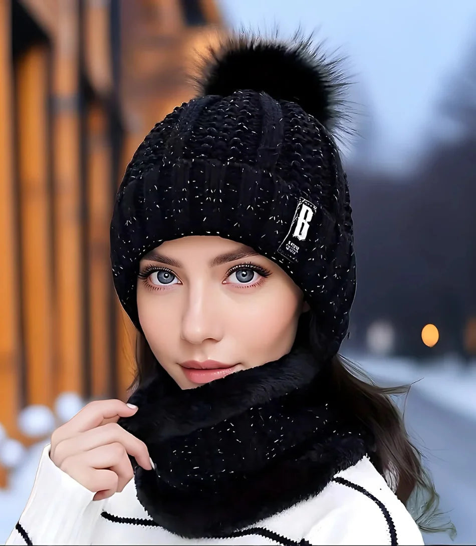 Gorro Feminino de Crochê e Cachecol em malha de lã tricotada, elegância e conforto para o inverno.