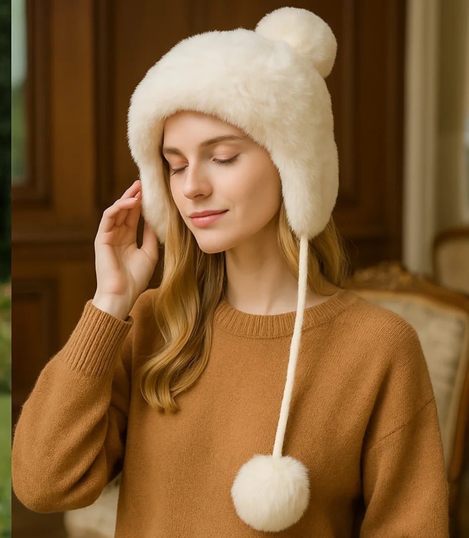 Gorro feminino de inverno em tricô com pelúcia interna, orelhas decorativas e pompons, perfeito para looks quentes e estilosos.