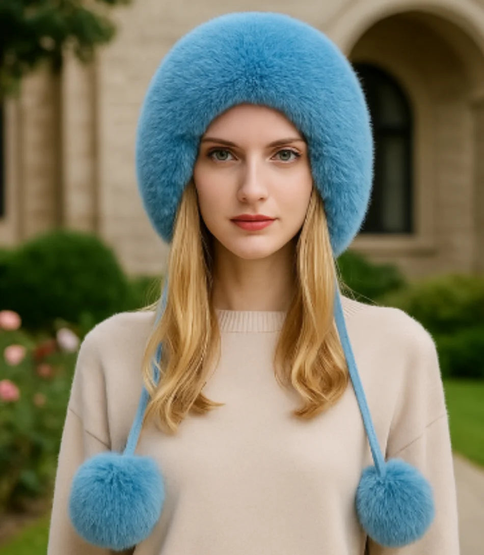 Gorro feminino de inverno em tricô com pelúcia interna, orelhas decorativas e pompons, perfeito para looks quentes e estilosos.