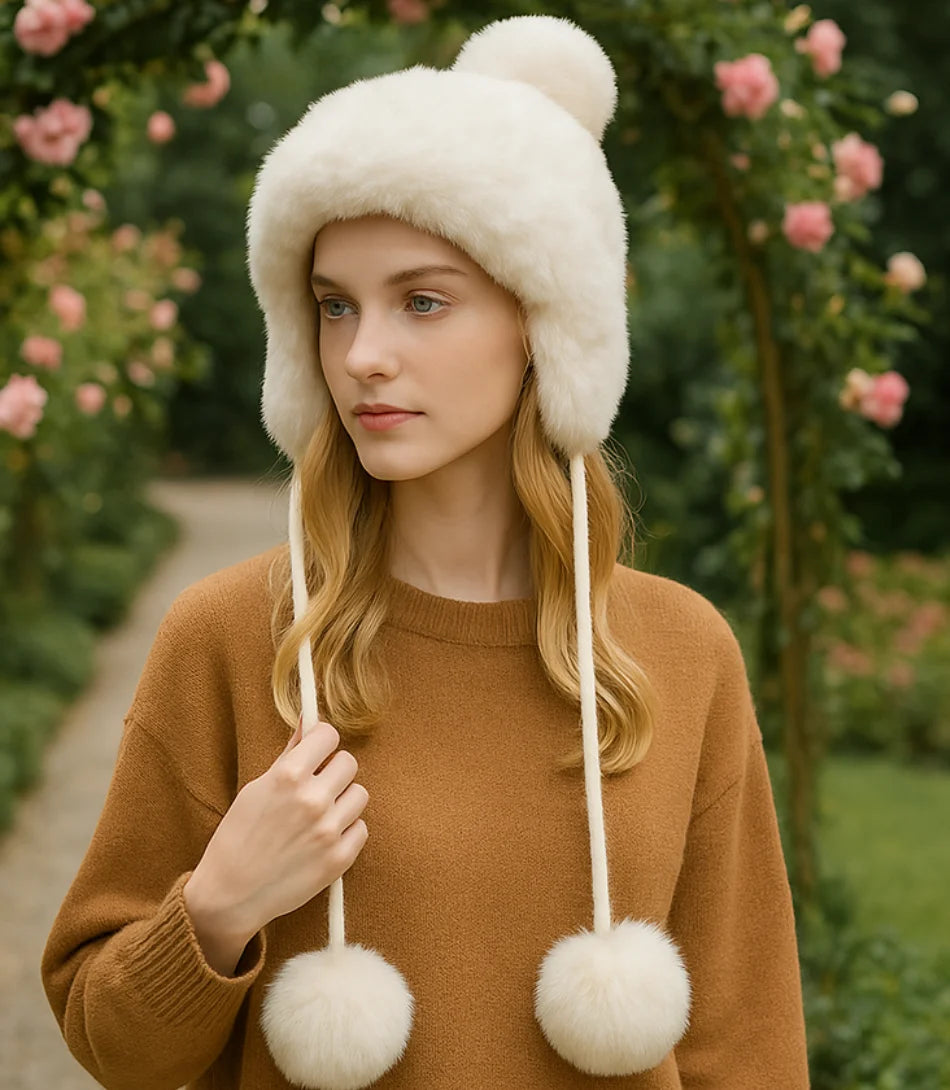 Gorro feminino de inverno em tricô com pelúcia interna, orelhas decorativas e pompons, perfeito para looks quentes e estilosos.