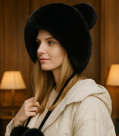 Gorro feminino de inverno em tricô com pelúcia interna, orelhas decorativas e pompons, perfeito para looks quentes e estilosos.