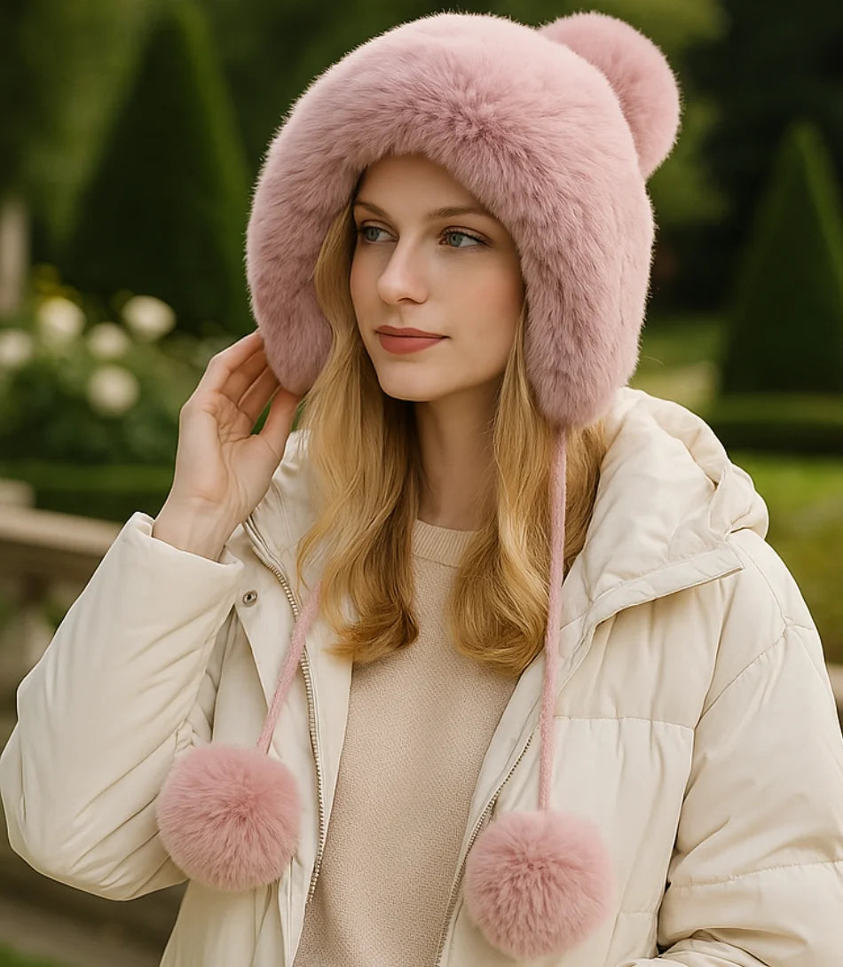 Comprar Gorro feminino de inverno em tricô com pelúcia interna, orelhas decorativas e pompons, perfeito para looks quentes e estilosos.