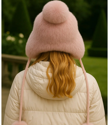 Gorro feminino de inverno em tricô com pelúcia interna, orelhas decorativas e pompons, perfeito para looks quentes e estilosos.