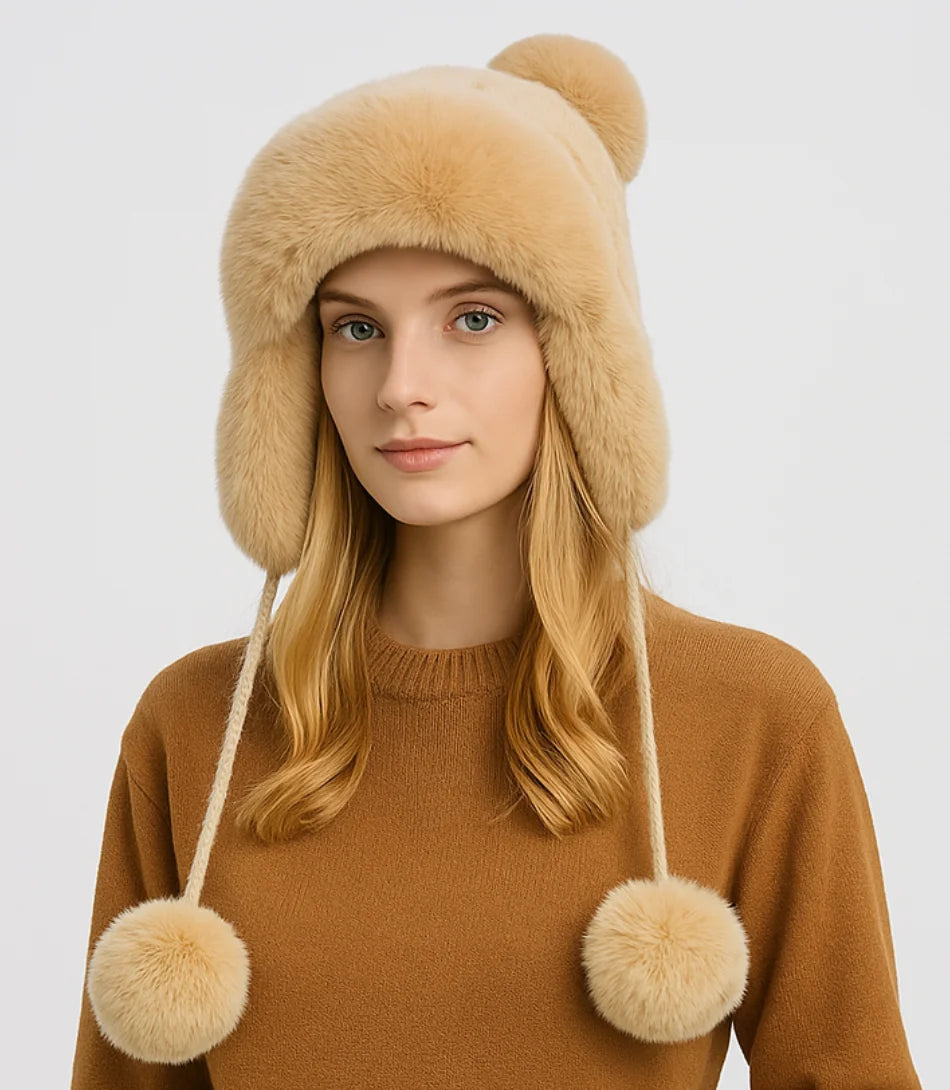 Gorro feminino de inverno em tricô com pelúcia interna, orelhas decorativas e pompons, perfeito para looks quentes e estilosos.