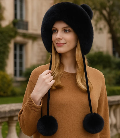 Gorro feminino de inverno em tricô com pelúcia interna, orelhas decorativas e pompons, perfeito para looks quentes e estilosos.