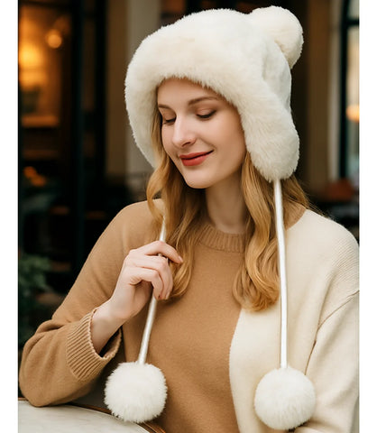 Gorro feminino de inverno em tricô com pelúcia interna, orelhas decorativas e pompons, perfeito para looks quentes e estilosos.