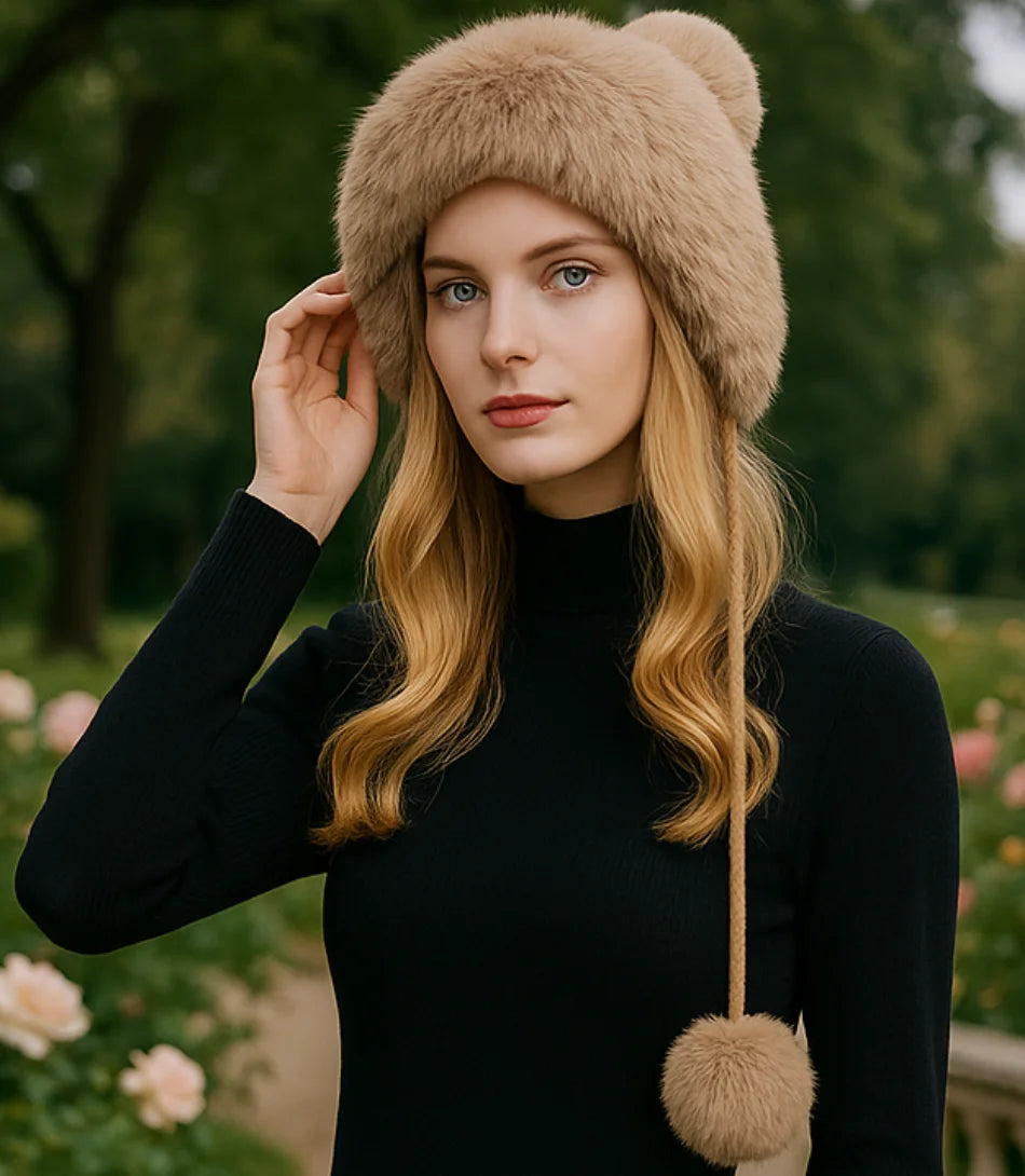 Gorro feminino de inverno em tricô com pelúcia interna, orelhas decorativas e pompons, perfeito para looks quentes e estilosos.