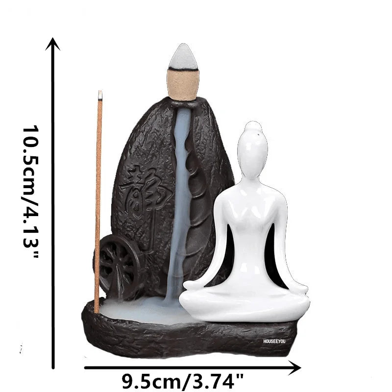 Incensário de Buda em cerâmica para yoga e meditação, promovendo serenidade e relaxamento.