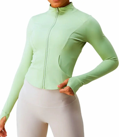 Jaqueta Academia Slim Fitness Feminino com zíper frontal, buracos para polegares, colarinho em pé, ideal para ioga, corrida e academia.