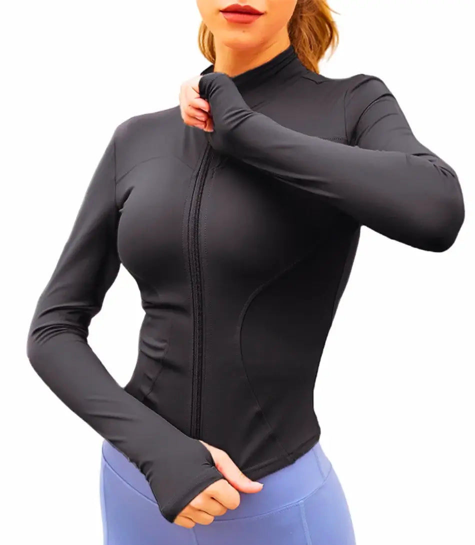 Jaqueta Academia Slim Fitness Feminino com zíper frontal, buracos para polegares, colarinho em pé, ideal para ioga, corrida e academia.