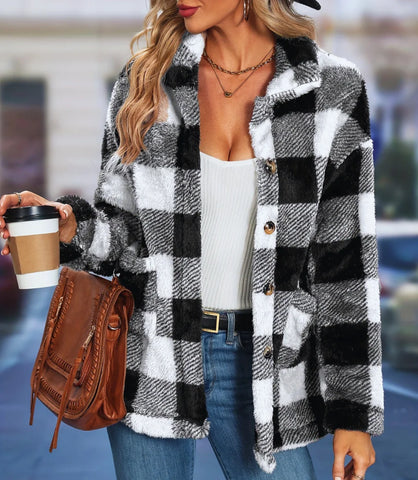 Jaqueta Feminina Teddy Xadrez Pelúcia Conforto Inverno | Lenon