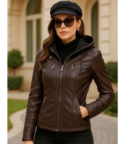 Jaqueta Couro Ecológico Feminina Capuz Casual para Inverno | Fefa